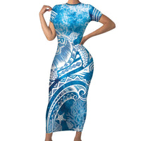 World Ocean Day Polynesian Pattern Family Matching Short Sleeve Bodycon Dress and Hawaiian Shirt Crystal Waves LT7 Mom's Dress Blue - Polynesian Pride