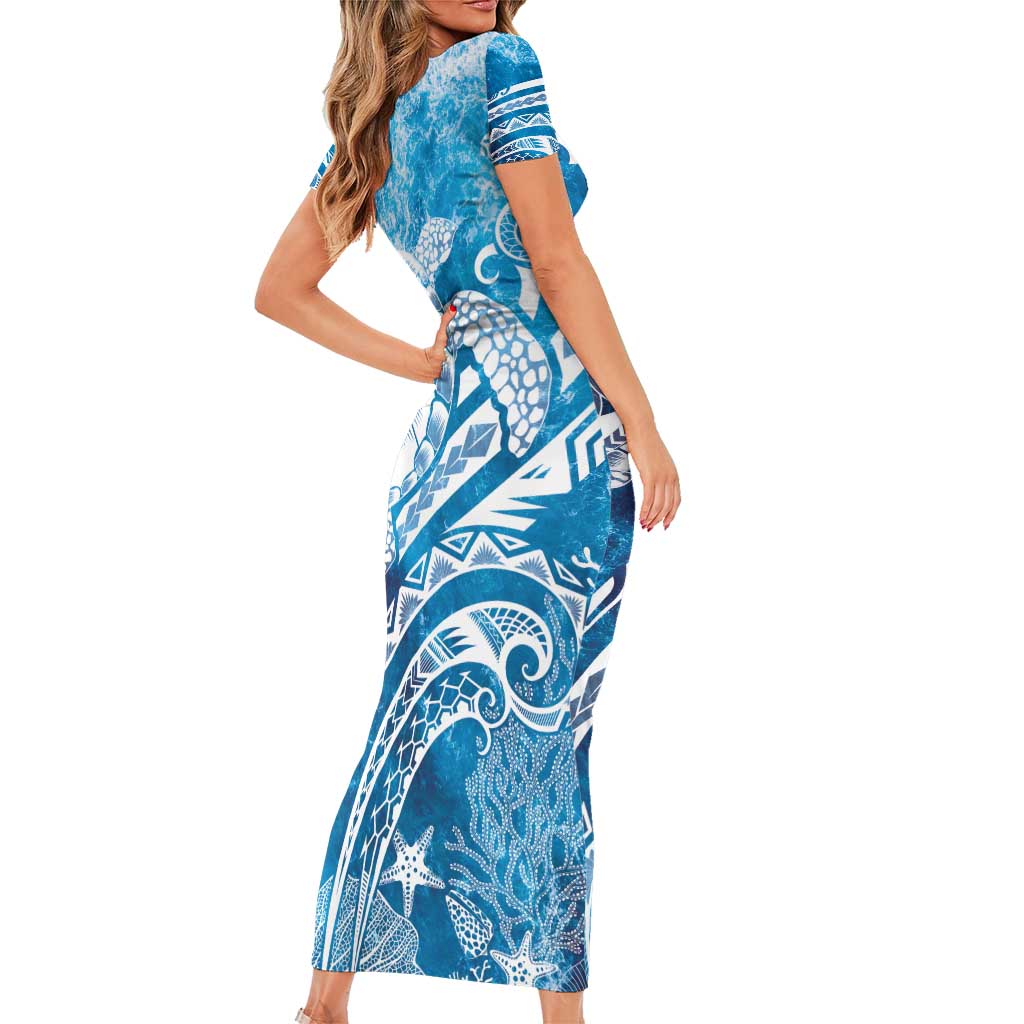 World Ocean Day Polynesian Pattern Family Matching Short Sleeve Bodycon Dress and Hawaiian Shirt Crystal Waves LT7 - Polynesian Pride