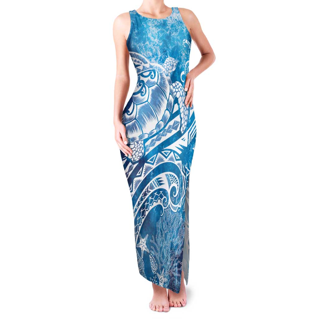 World Ocean Day Polynesian Pattern Family Matching Tank Maxi Dress and Hawaiian Shirt Crystal Waves LT7 Mom's Dress Blue - Polynesian Pride