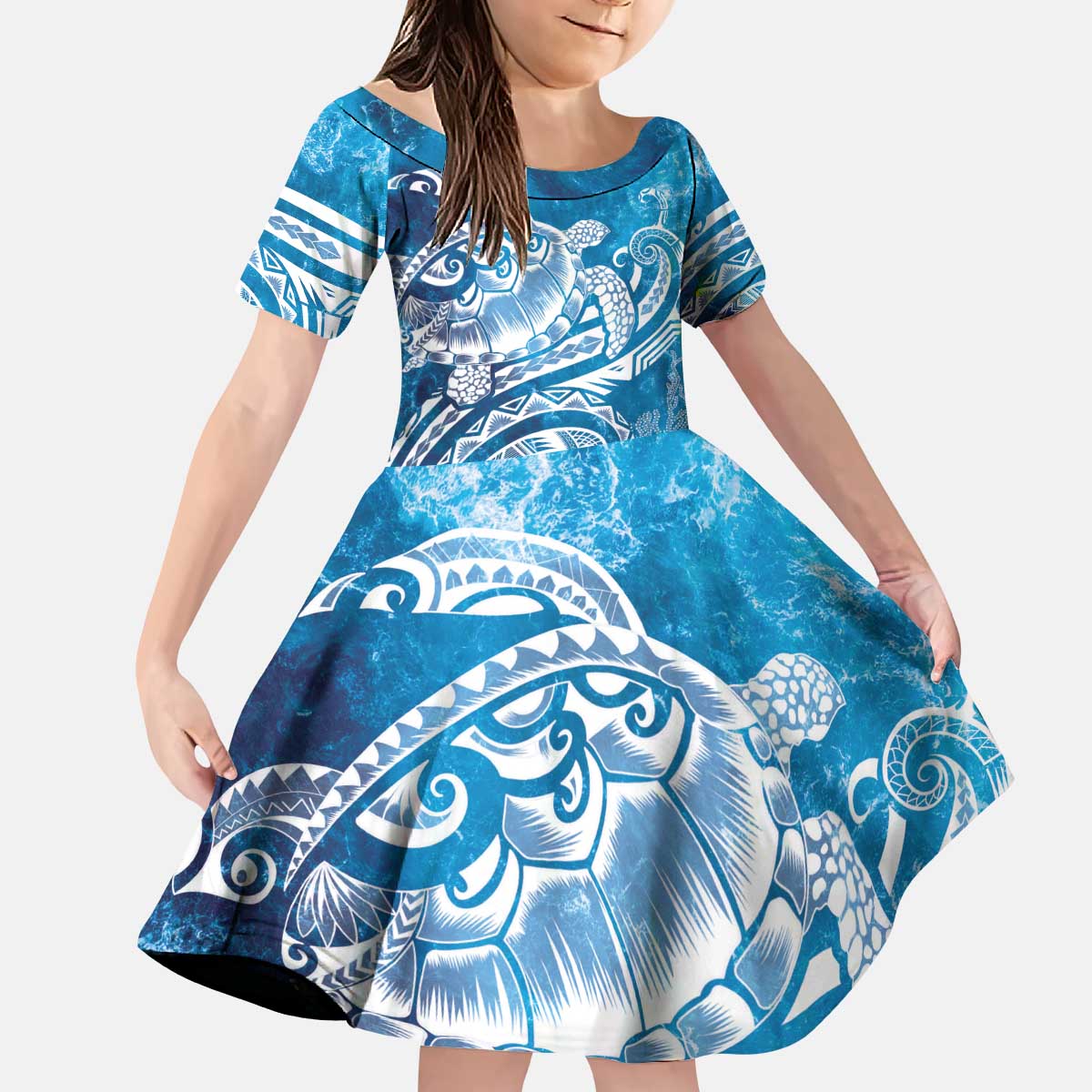 World Ocean Day Polynesian Pattern Kid Short Sleeve Dress Crystal Waves