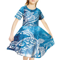World Ocean Day Polynesian Pattern Kid Short Sleeve Dress Crystal Waves