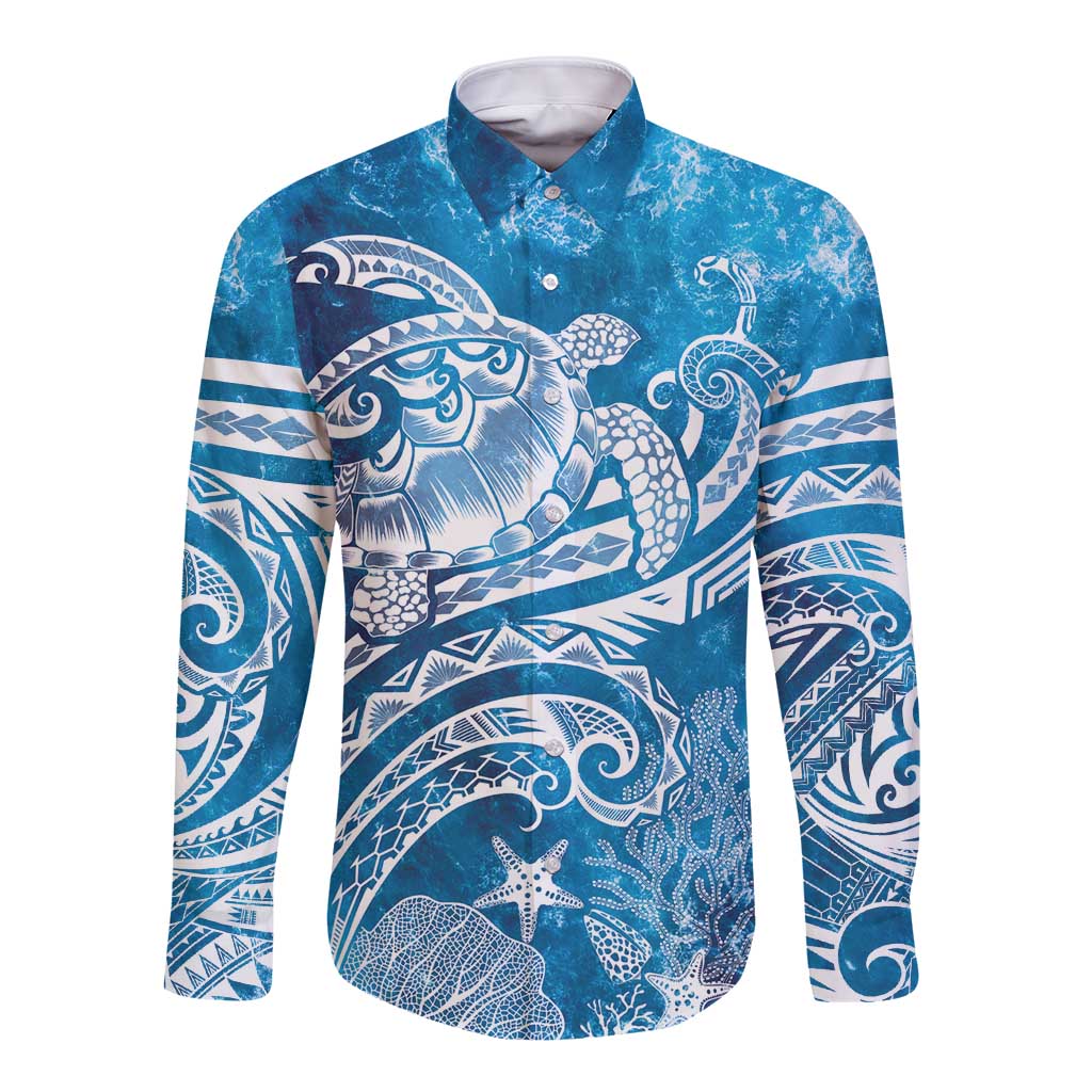 World Ocean Day Polynesian Pattern Long Sleeve Button Shirt Crystal Waves LT7 Unisex Blue - Polynesian Pride