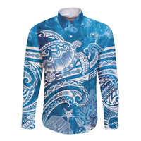 World Ocean Day Polynesian Pattern Long Sleeve Button Shirt Crystal Waves LT7 Unisex Blue - Polynesian Pride