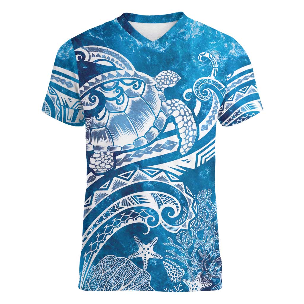 World Ocean Day Polynesian Pattern Women V-Neck T-Shirt Crystal Waves LT7 Female Blue - Polynesian Pride