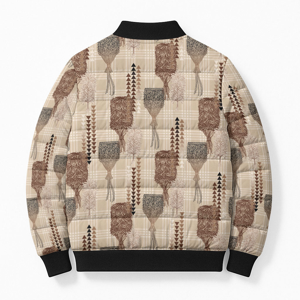Aloha Hawaii Vintage Kahili Pa'a Lima Bomber Puffer Jacket Palaka Print Cozy Beige