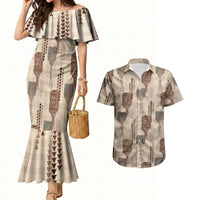 Aloha Hawaii Vintage Kahili Pa'a Lima Couples Matching Mermaid Dress and Hawaiian Shirt Palaka Print Cozy Beige