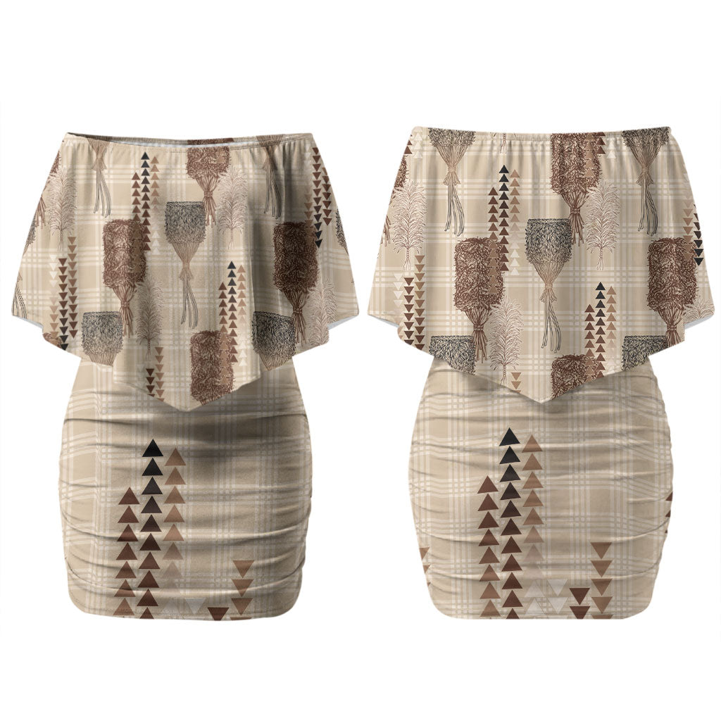 Aloha Hawaii Vintage Kahili Pa'a Lima Couples Matching Off Shoulder Short Dress and Hawaiian Shirt Palaka Print Cozy Beige