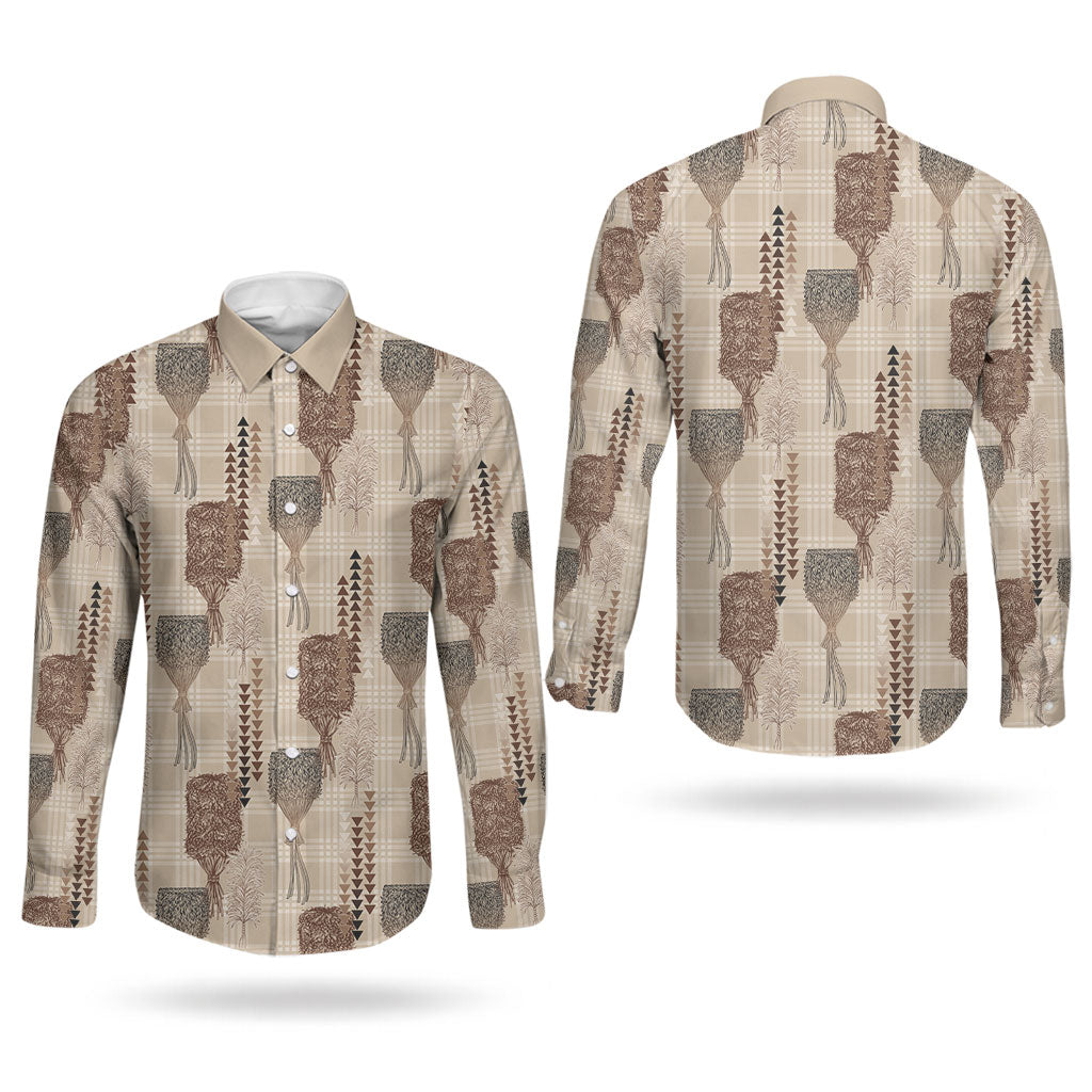 Aloha Hawaii Vintage Kahili Pa'a Lima Couples Matching Short Sleeve Bodycon Dress and Long Sleeve Button Shirt Palaka Print Cozy Beige