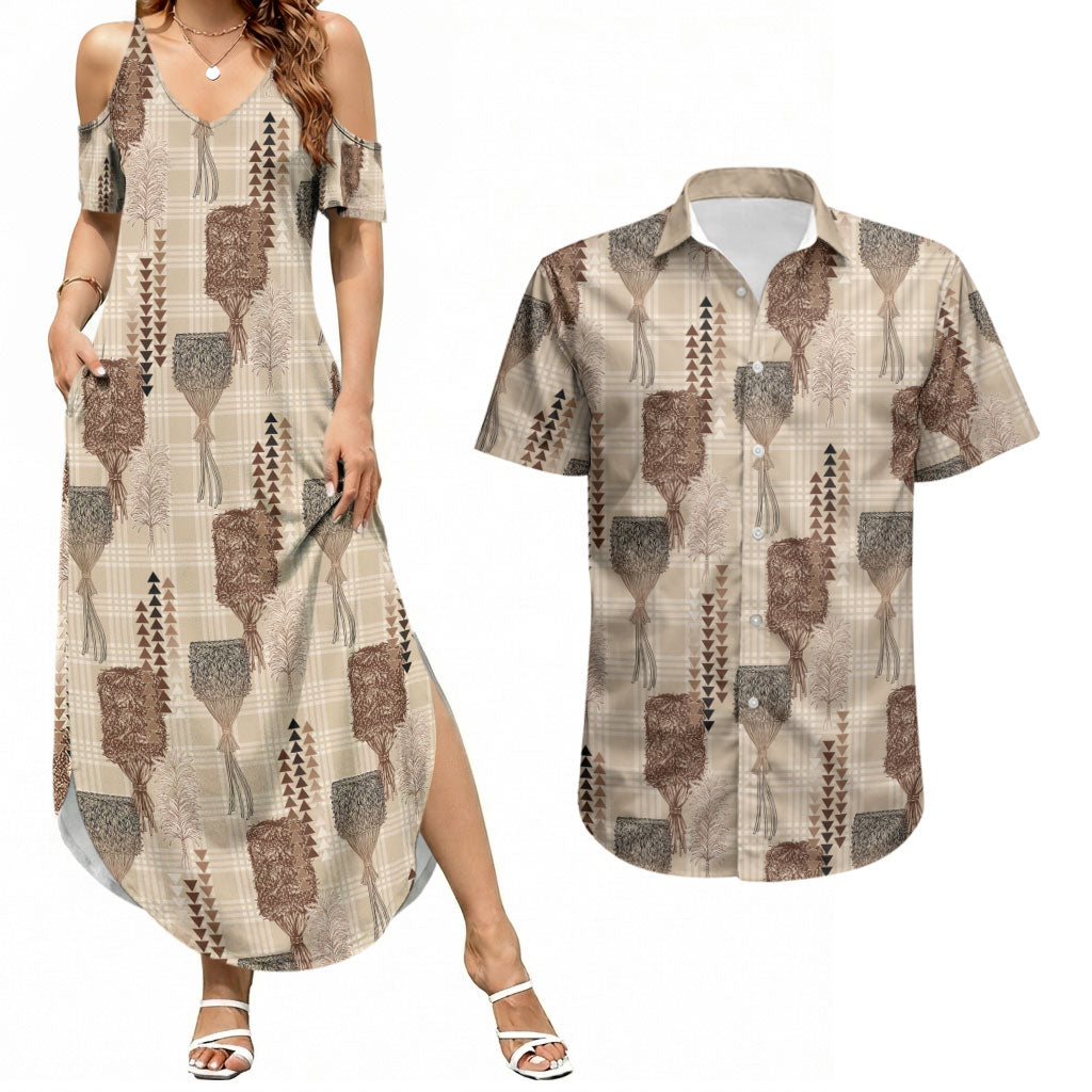 Aloha Hawaii Vintage Kahili Pa'a Lima Couples Matching Summer Maxi Dress and Hawaiian Shirt Palaka Print Cozy Beige
