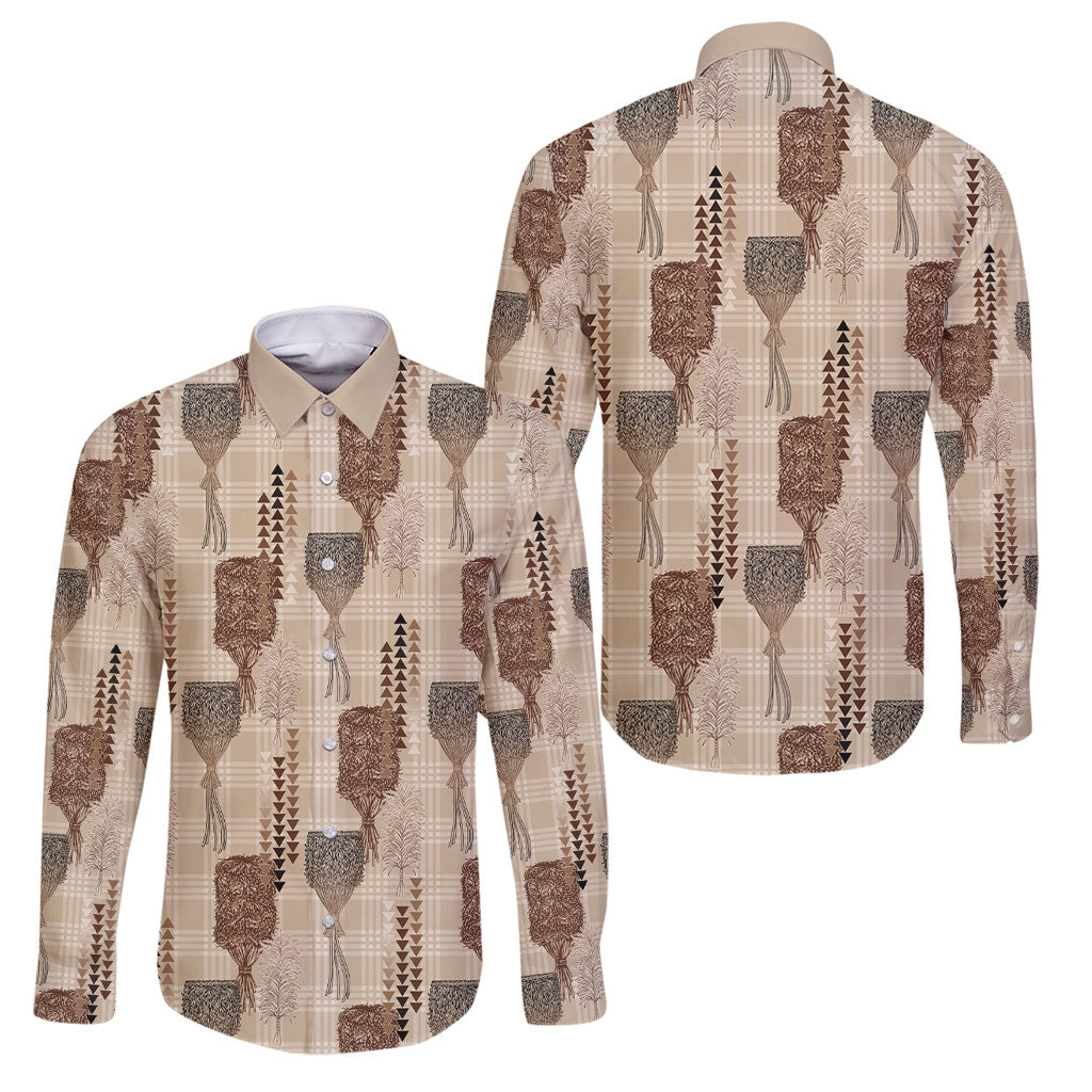 Aloha Hawaii Vintage Kahili Pa'a Lima Family Matching Off Shoulder Maxi Dress and Hawaiian Shirt Palaka Print Cozy Beige