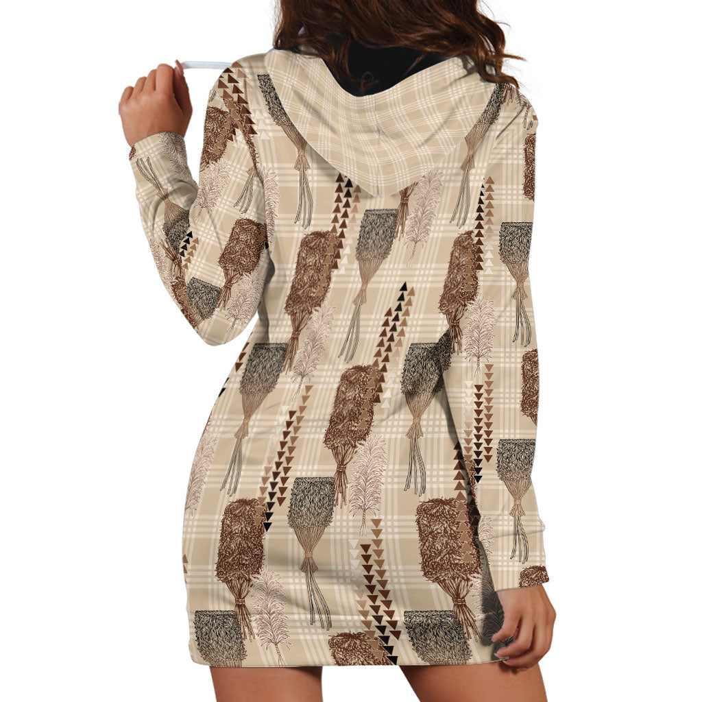 Aloha Hawaii Vintage Kahili Pa'a Lima Hoodie Dress Palaka Print Cozy Beige