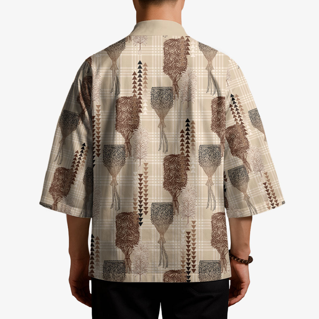 Aloha Hawaii Vintage Kahili Pa'a Lima Kimono Palaka Print Cozy Beige