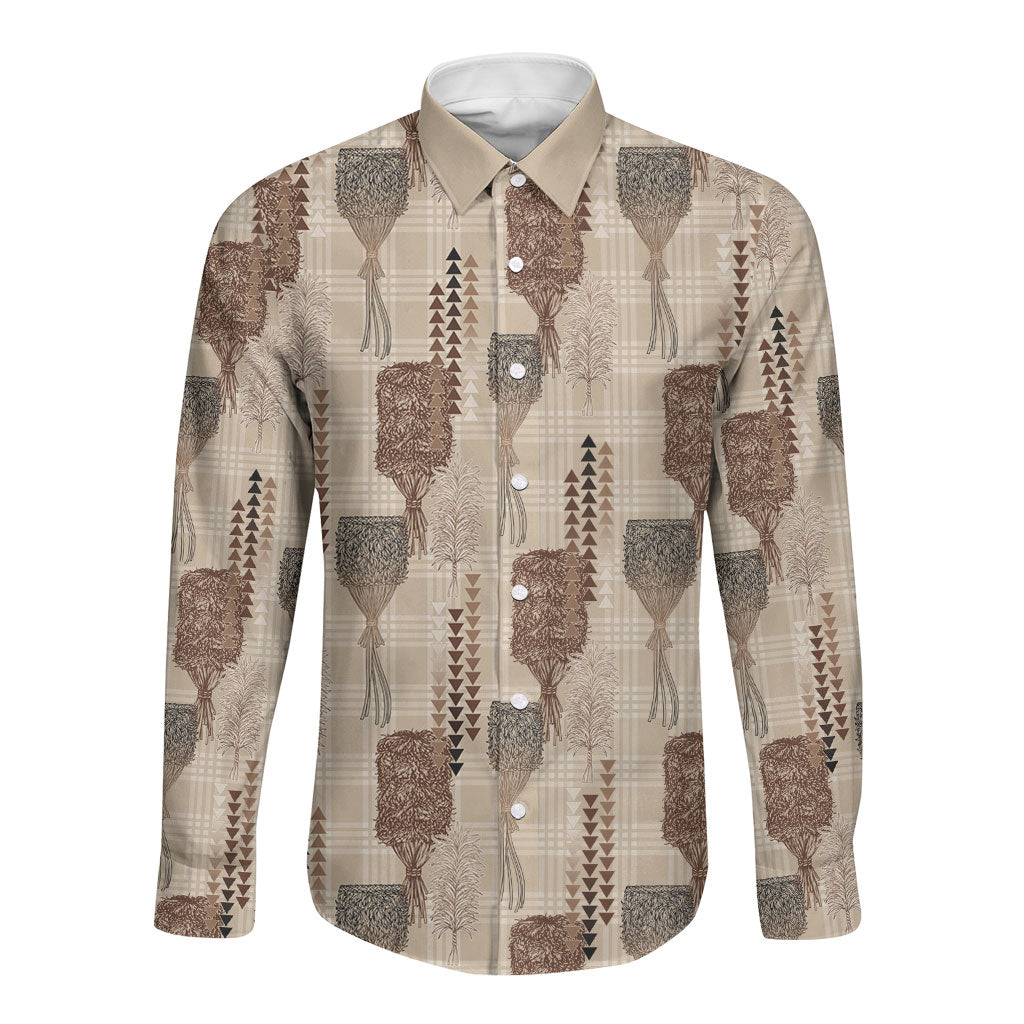 Aloha Hawaii Vintage Kahili Pa'a Lima Long Sleeve Button Shirt Palaka Print Cozy Beige