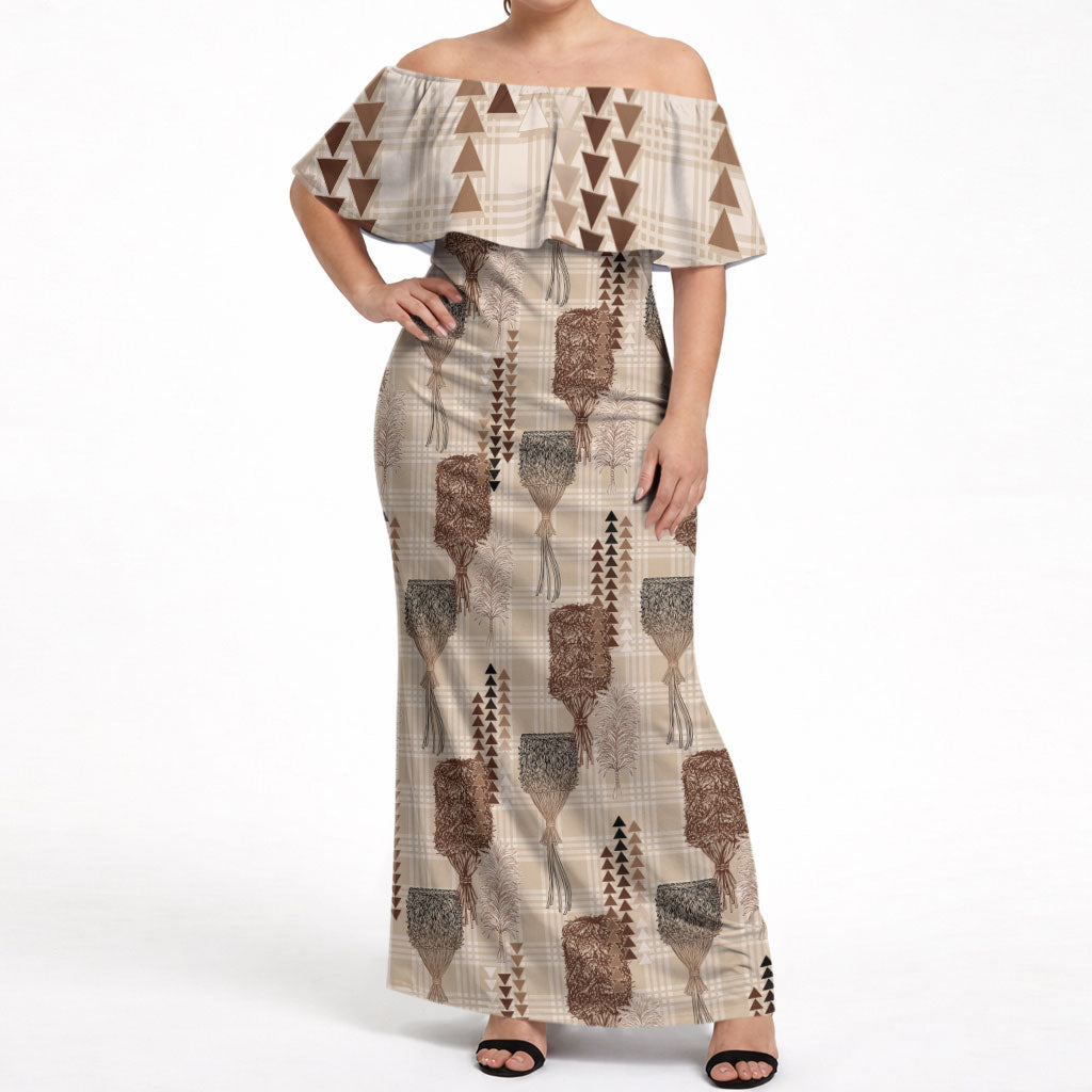 Aloha Hawaii Vintage Kahili Pa'a Lima Off Shoulder Maxi Dress Palaka Print Cozy Beige LT7 Women Beige - Polynesian Pride