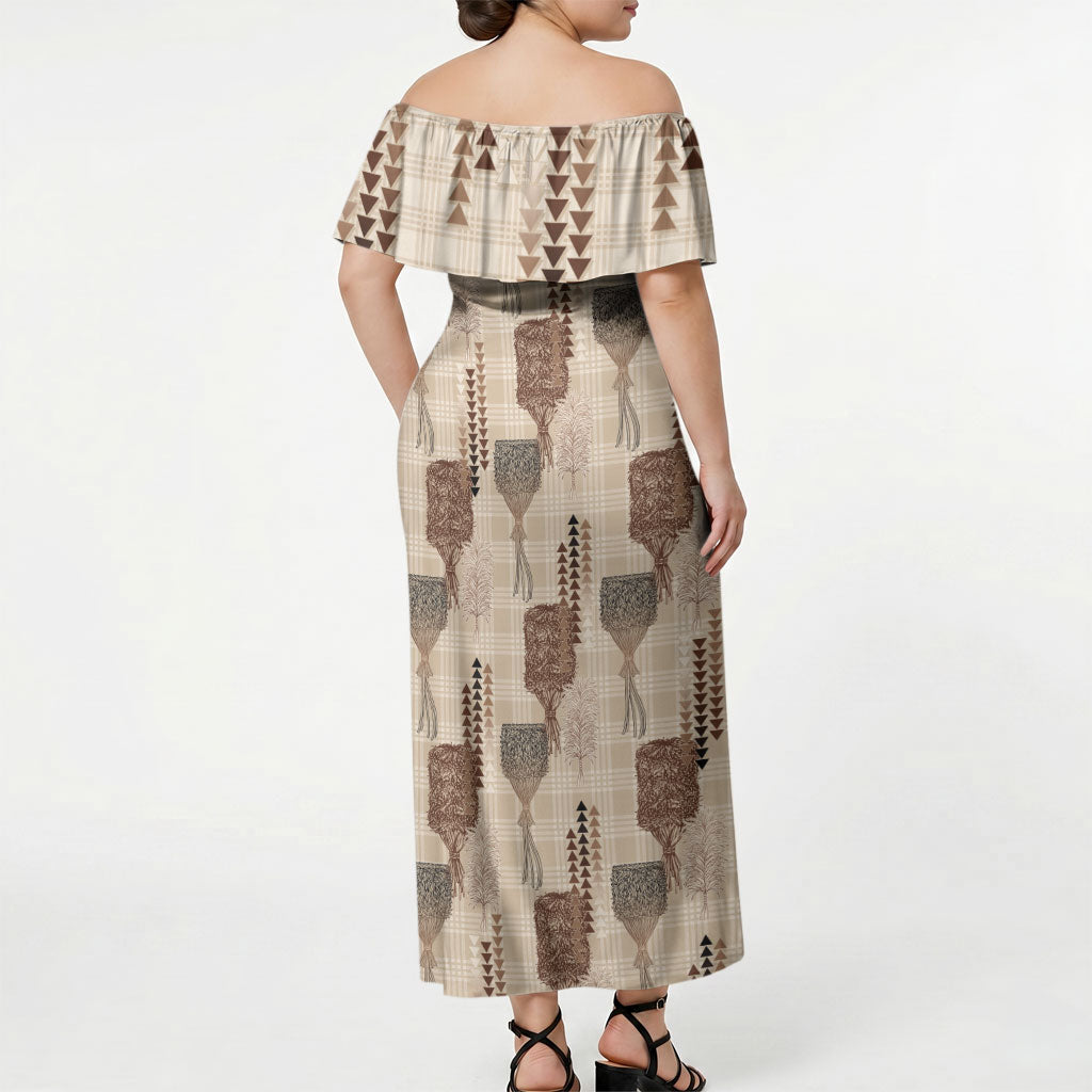 Aloha Hawaii Vintage Kahili Pa'a Lima Off Shoulder Maxi Dress Palaka Print Cozy Beige