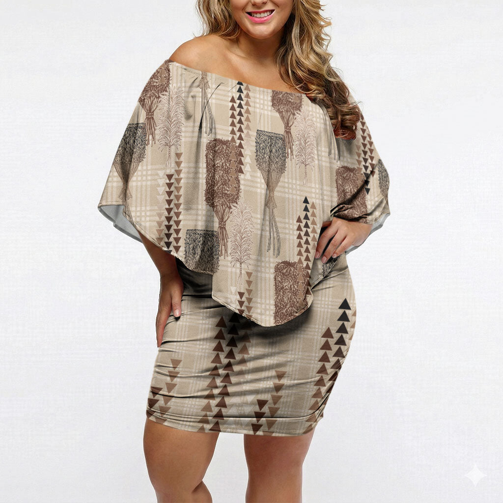 Aloha Hawaii Vintage Kahili Pa'a Lima Off Shoulder Short Dress Palaka Print Cozy Beige LT7 Women Beige - Polynesian Pride