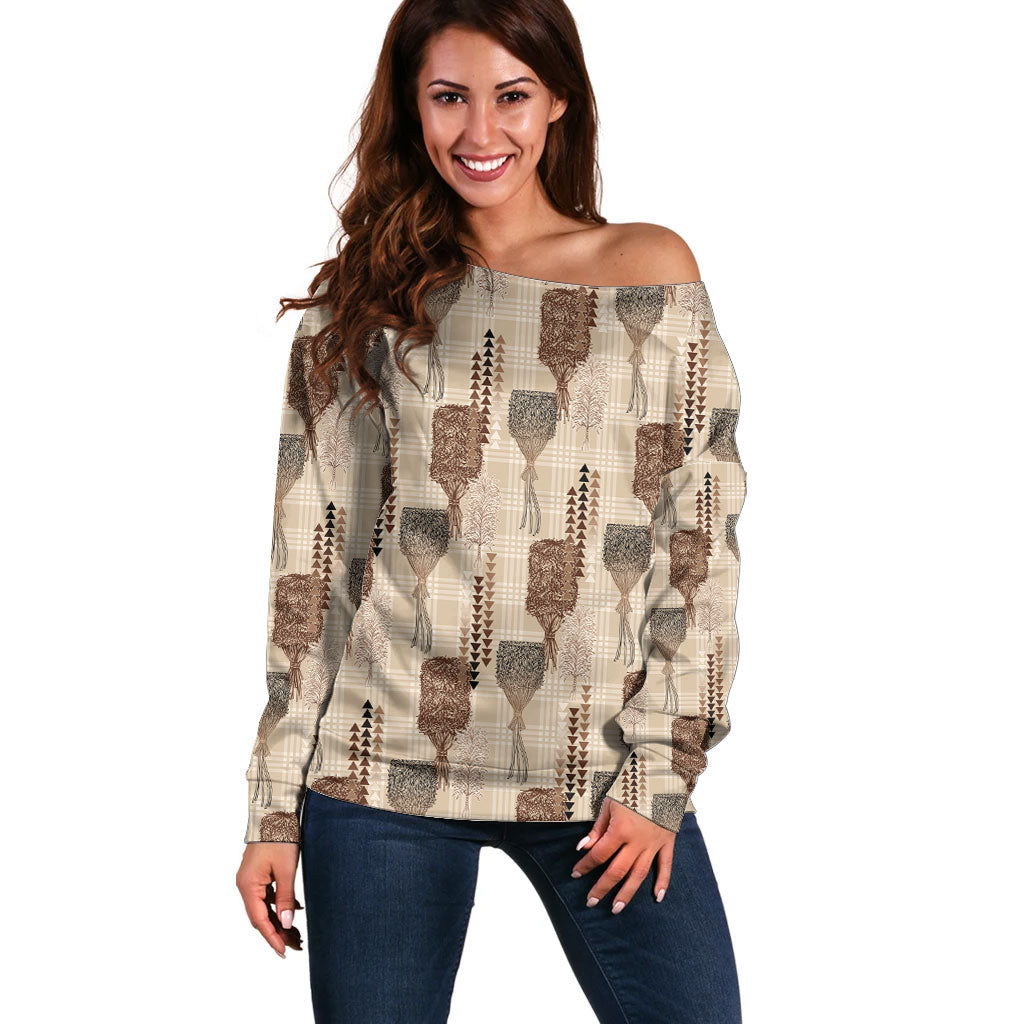 Aloha Hawaii Vintage Kahili Pa'a Lima Off Shoulder Sweater Palaka Print Cozy Beige LT7 Women Beige - Polynesian Pride