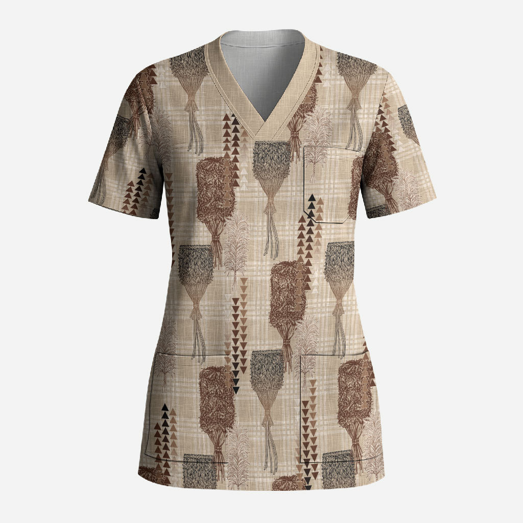 Aloha Hawaii Vintage Kahili Pa'a Lima Scrub Top Palaka Print Cozy Beige
