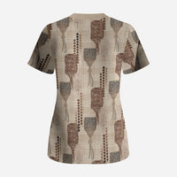 Aloha Hawaii Vintage Kahili Pa'a Lima Scrub Top Palaka Print Cozy Beige