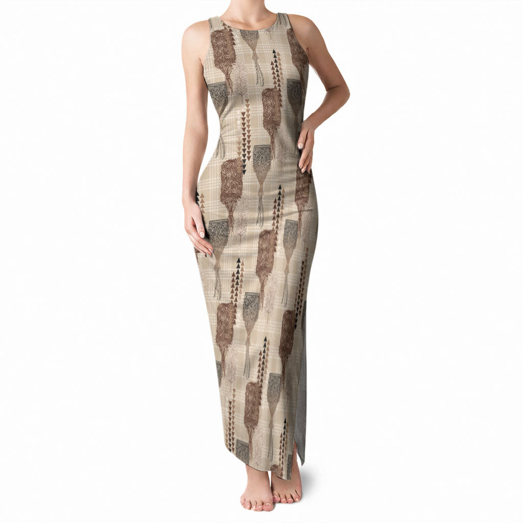 Aloha Hawaii Vintage Kahili Pa'a Lima Tank Maxi Dress Palaka Print Cozy Beige LT7 Women Beige - Polynesian Pride