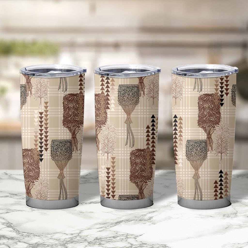 Aloha Hawaii Vintage Kahili Pa'a Lima Tumbler Cup Palaka Print Cozy Beige