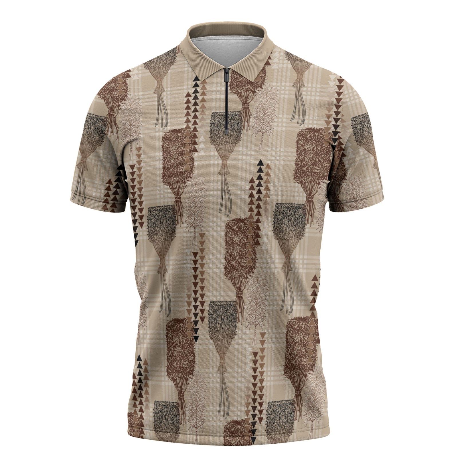 Aloha Hawaii Vintage Kahili Pa'a Lima Zipper Polo Shirt Palaka Print Cozy Beige