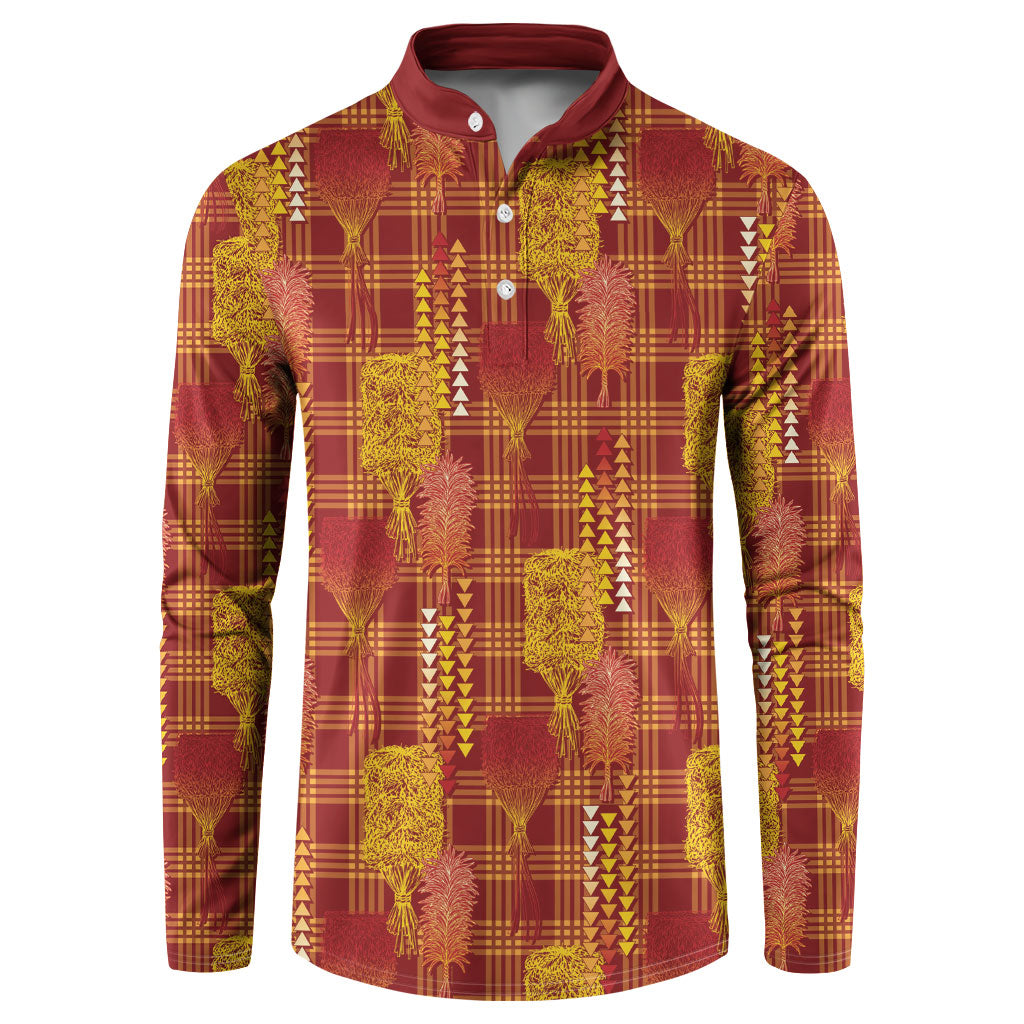 Aloha Hawaii Vintage Kahili Pa'a Lima Button Sweatshirt Palaka Print Hilo Royal Red-Yellow LT7 Red - Polynesian Pride