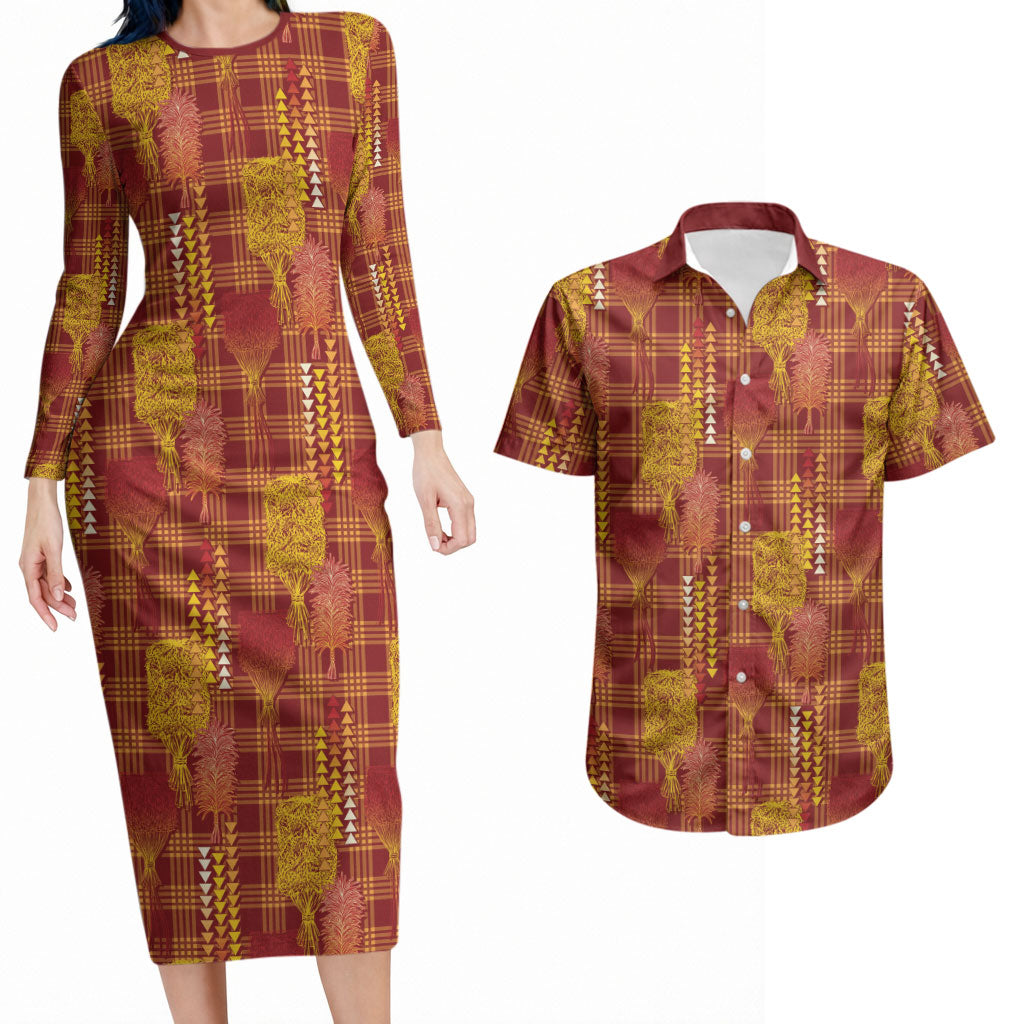 Aloha Hawaii Vintage Kahili Pa'a Lima Couples Matching Long Sleeve Bodycon Dress and Hawaiian Shirt Palaka Print Hilo Royal Red-Yellow LT7 Red - Polynesian Pride