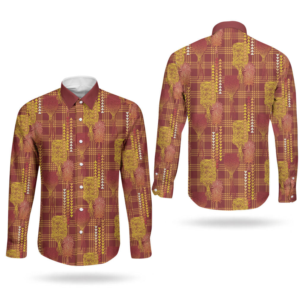 Aloha Hawaii Vintage Kahili Pa'a Lima Couples Matching Mermaid Dress and Long Sleeve Button Shirt Palaka Print Hilo Royal Red-Yellow