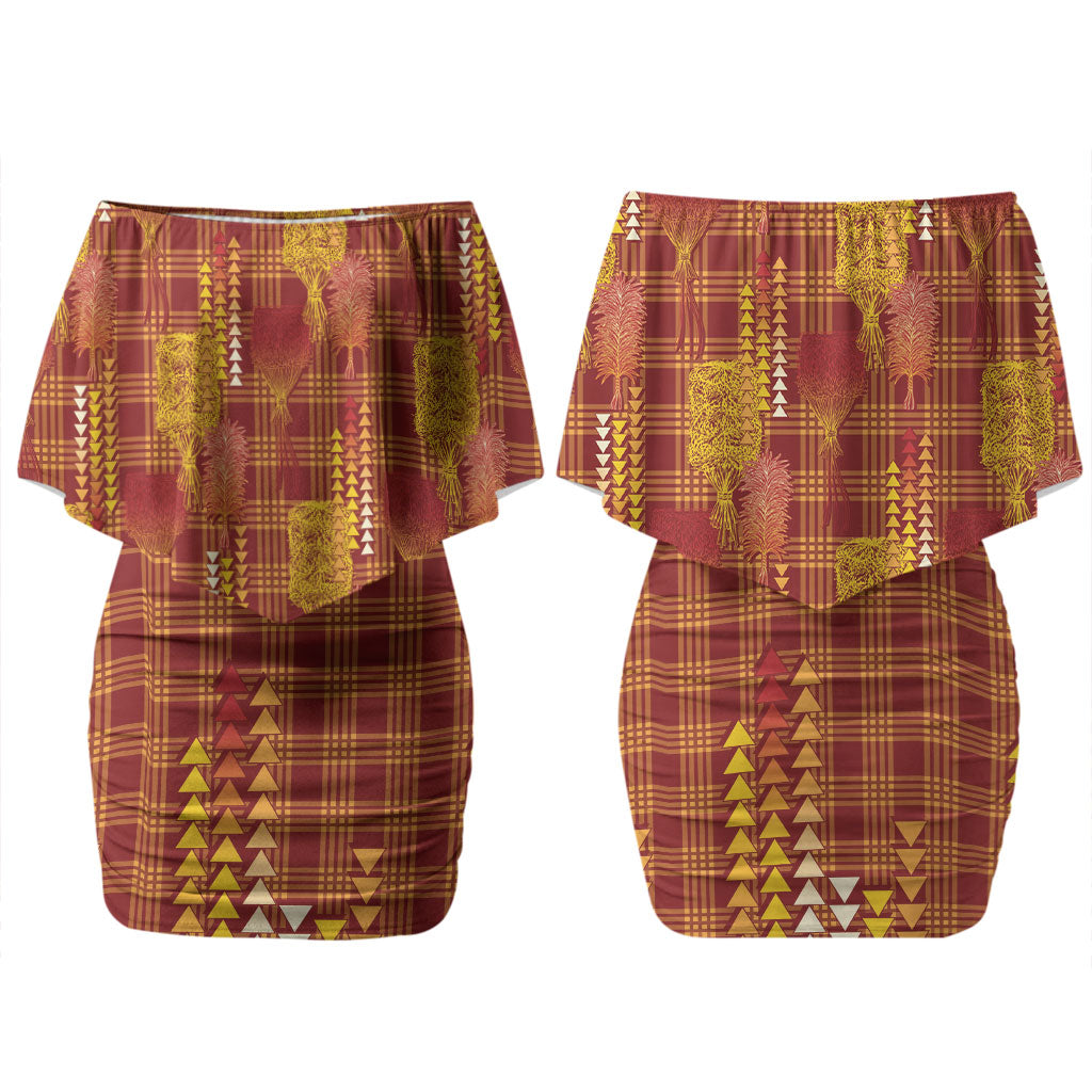 Aloha Hawaii Vintage Kahili Pa'a Lima Couples Matching Off Shoulder Short Dress and Long Sleeve Button Shirt Palaka Print Hilo Royal Red-Yellow