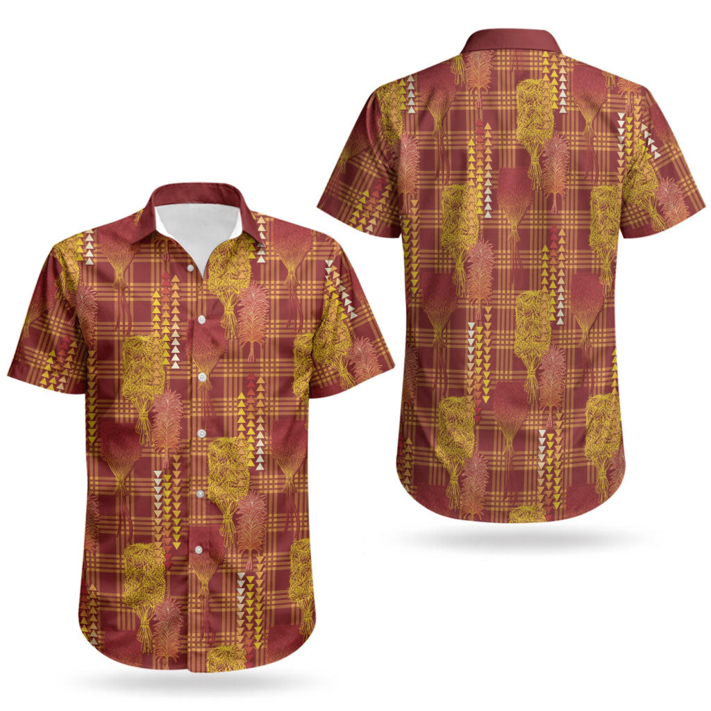 Aloha Hawaii Vintage Kahili Pa'a Lima Couples Matching Off The Shoulder Long Sleeve Dress and Hawaiian Shirt Palaka Print Hilo Royal Red-Yellow