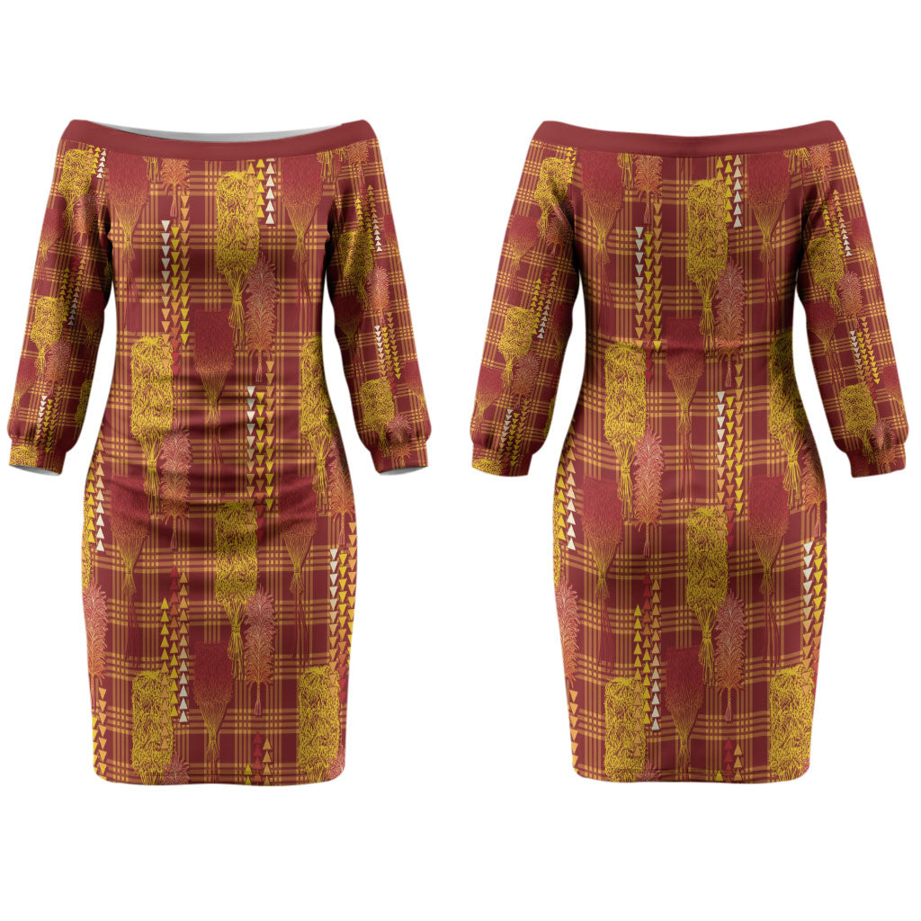 Aloha Hawaii Vintage Kahili Pa'a Lima Couples Matching Off The Shoulder Long Sleeve Dress and Long Sleeve Button Shirt Palaka Print Hilo Royal Red-Yellow