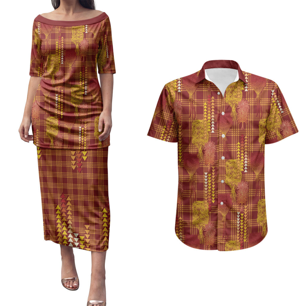 Aloha Hawaii Vintage Kahili Pa'a Lima Couples Matching Puletasi and Hawaiian Shirt Palaka Print Hilo Royal Red-Yellow LT7 Red - Polynesian Pride