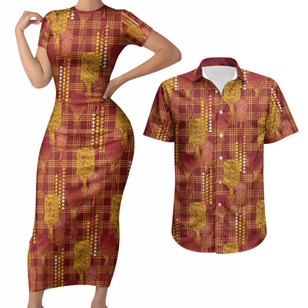 Aloha Hawaii Vintage Kahili Pa'a Lima Couples Matching Short Sleeve Bodycon Dress and Hawaiian Shirt Palaka Print Hilo Royal Red-Yellow