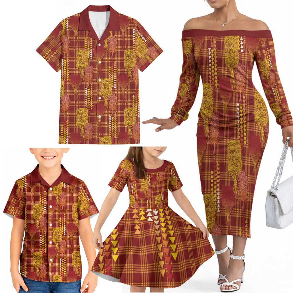 Aloha Hawaii Vintage Kahili Pa'a Lima Family Matching Off The Shoulder Long Sleeve Dress and Hawaiian Shirt Palaka Print Hilo Royal Red-Yellow LT7 - Polynesian Pride