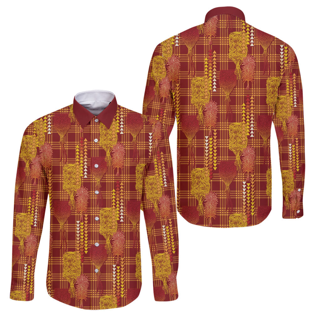Aloha Hawaii Vintage Kahili Pa'a Lima Family Matching Off The Shoulder Long Sleeve Dress and Hawaiian Shirt Palaka Print Hilo Royal Red-Yellow