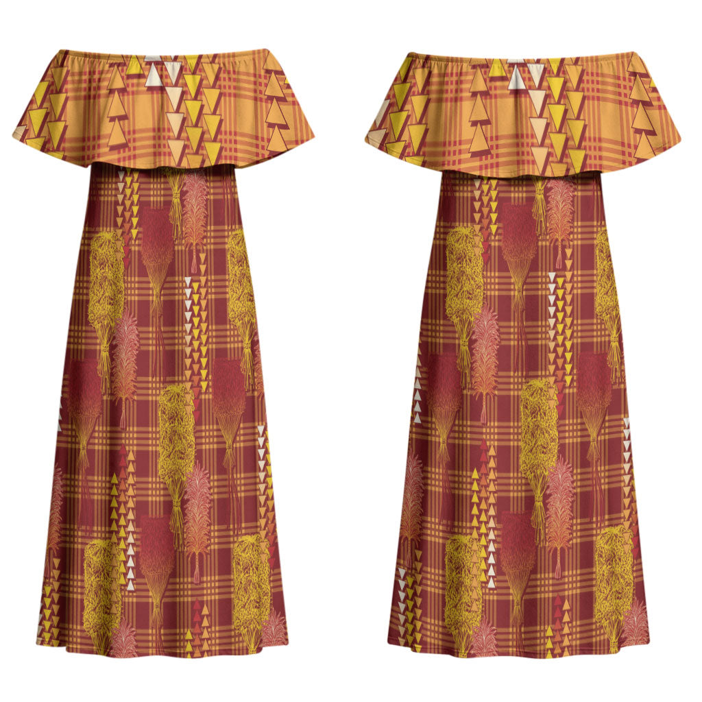 Aloha Hawaii Vintage Kahili Pa'a Lima Family Matching Off Shoulder Maxi Dress and Hawaiian Shirt Palaka Print Hilo Royal Red-Yellow