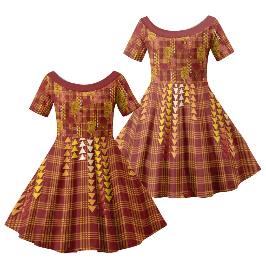 Aloha Hawaii Vintage Kahili Pa'a Lima Family Matching Puletasi and Hawaiian Shirt Palaka Print Hilo Royal Red-Yellow