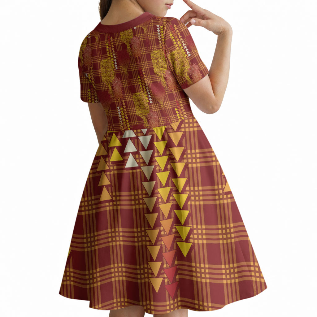 Aloha Hawaii Vintage Kahili Pa'a Lima Kid Short Sleeve Dress Palaka Print Hilo Royal Red-Yellow