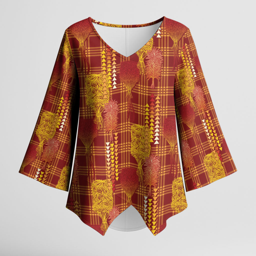 Aloha Hawaii Vintage Kahili Pa'a Lima Kimono Sleeve Blouse Palaka Print Hilo Royal Red-Yellow