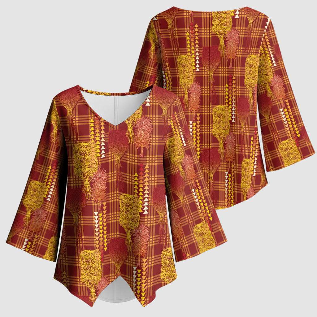 Aloha Hawaii Vintage Kahili Pa'a Lima Kimono Sleeve Blouse Palaka Print Hilo Royal Red-Yellow