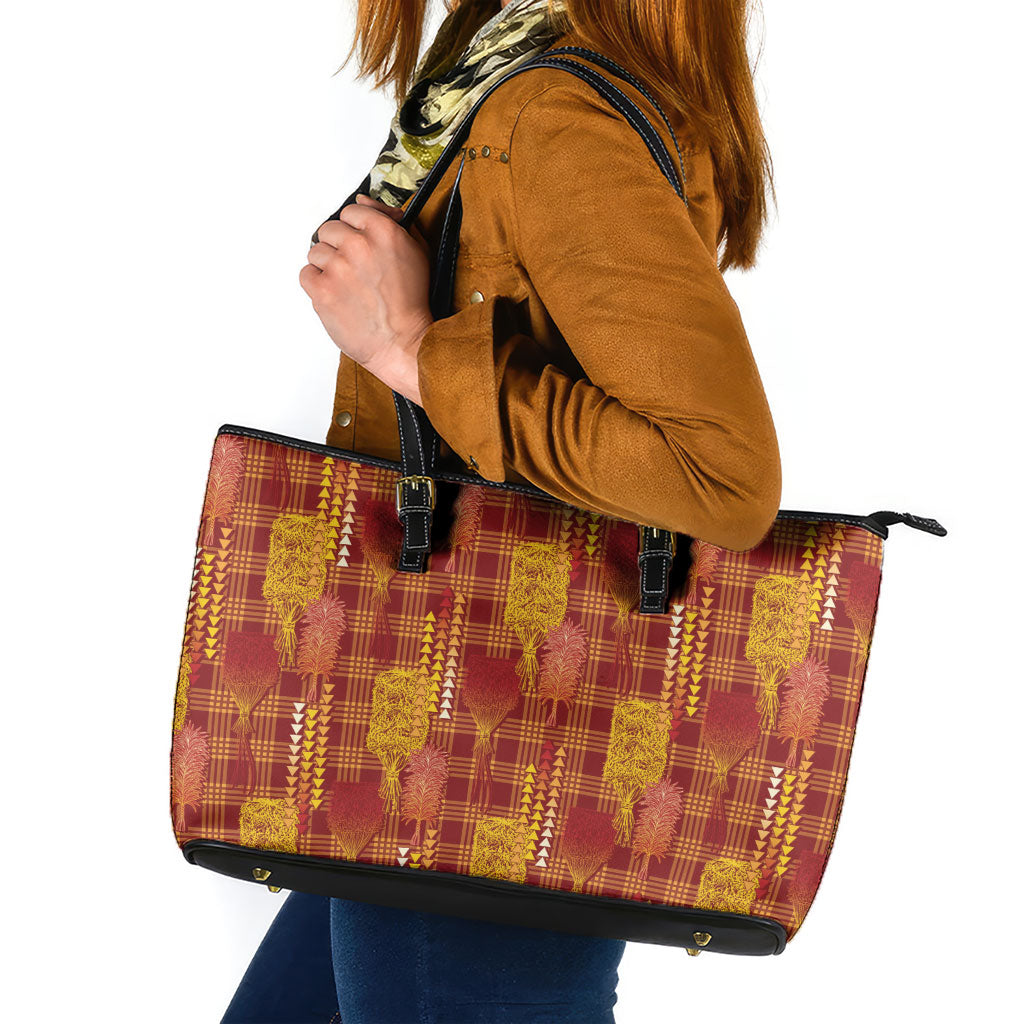Aloha Hawaii Vintage Kahili Pa'a Lima Leather Tote Bag Palaka Print Hilo Royal Red-Yellow LT7 Red - Polynesian Pride