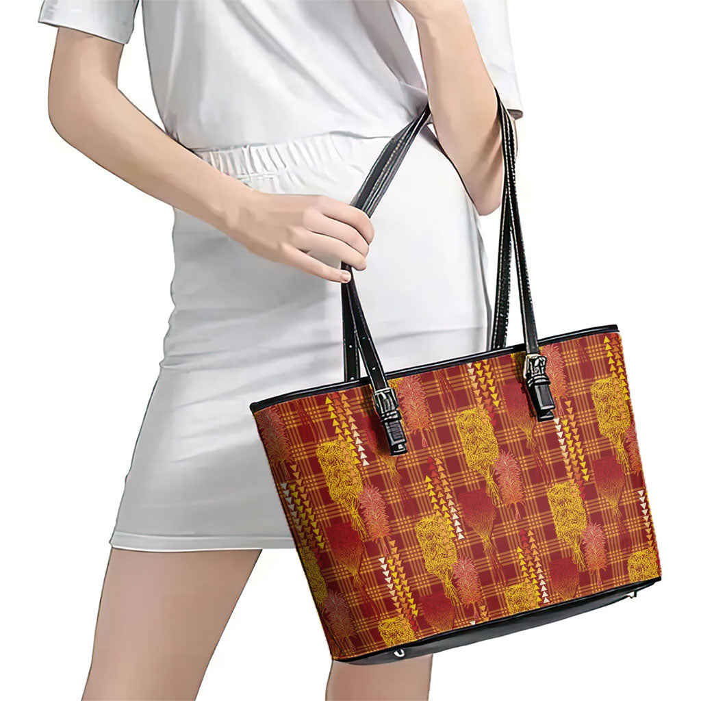 Aloha Hawaii Vintage Kahili Pa'a Lima Leather Tote Bag Palaka Print Hilo Royal Red-Yellow