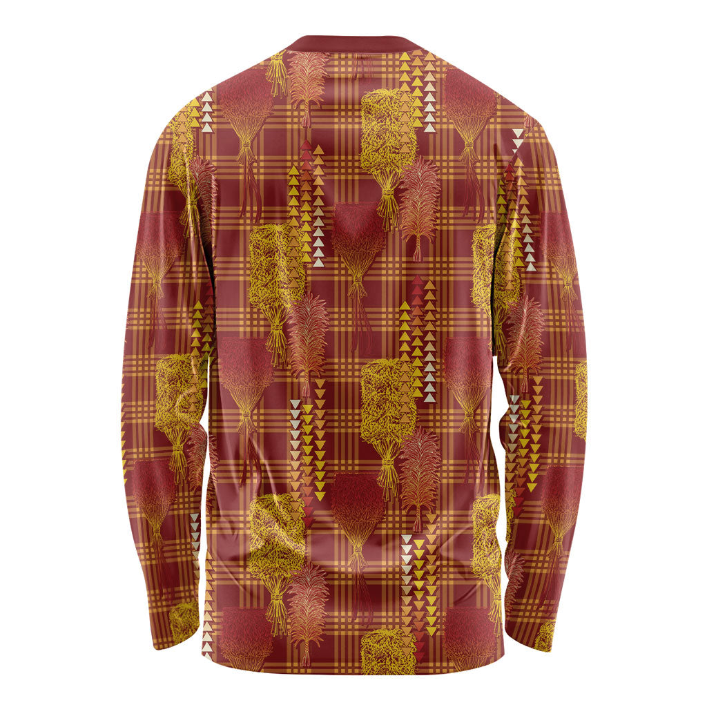 Aloha Hawaii Vintage Kahili Pa'a Lima Long Sleeve Shirt Palaka Print Hilo Royal Red-Yellow