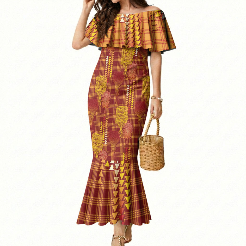 Aloha Hawaii Vintage Kahili Pa'a Lima Mermaid Dress Palaka Print Hilo Royal Red-Yellow LT7 Women Red - Polynesian Pride