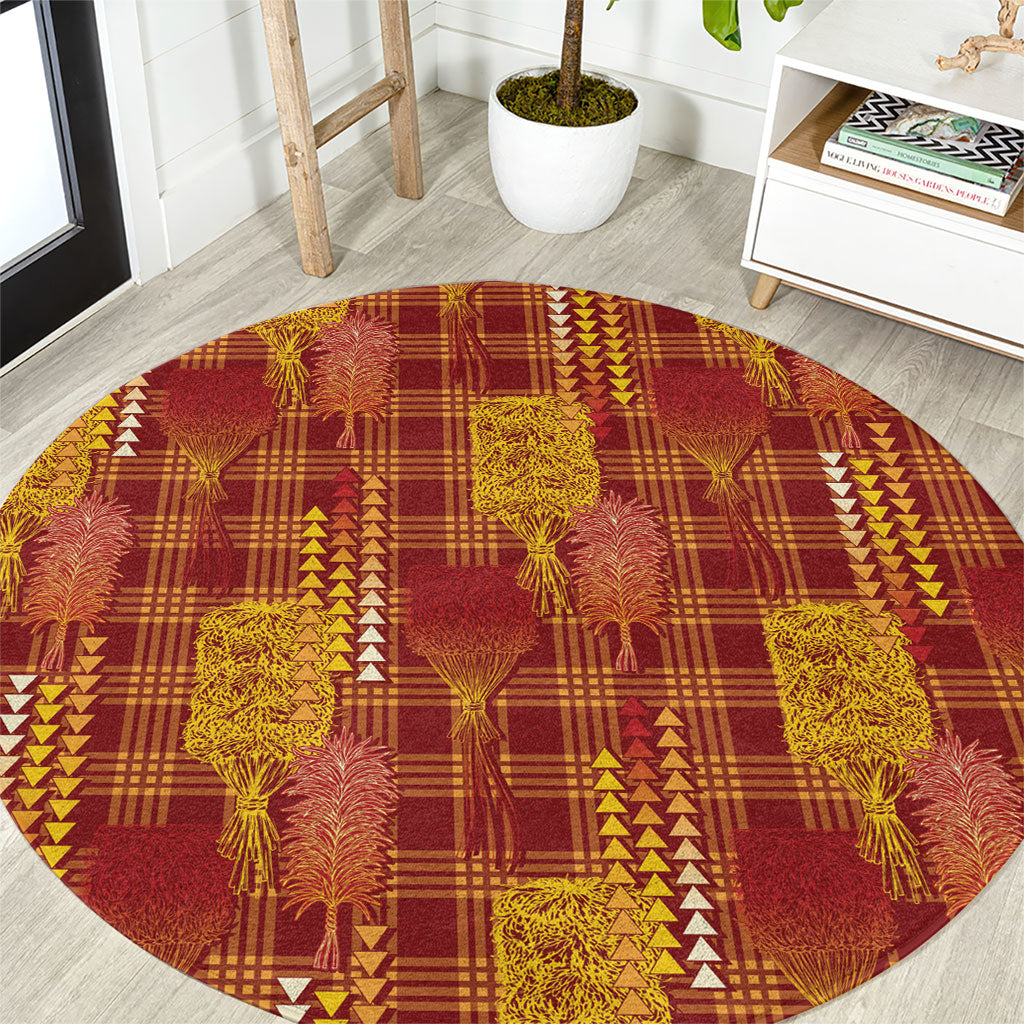 Aloha Hawaii Vintage Kahili Pa'a Lima Round Carpet Palaka Print Hilo Royal Red-Yellow