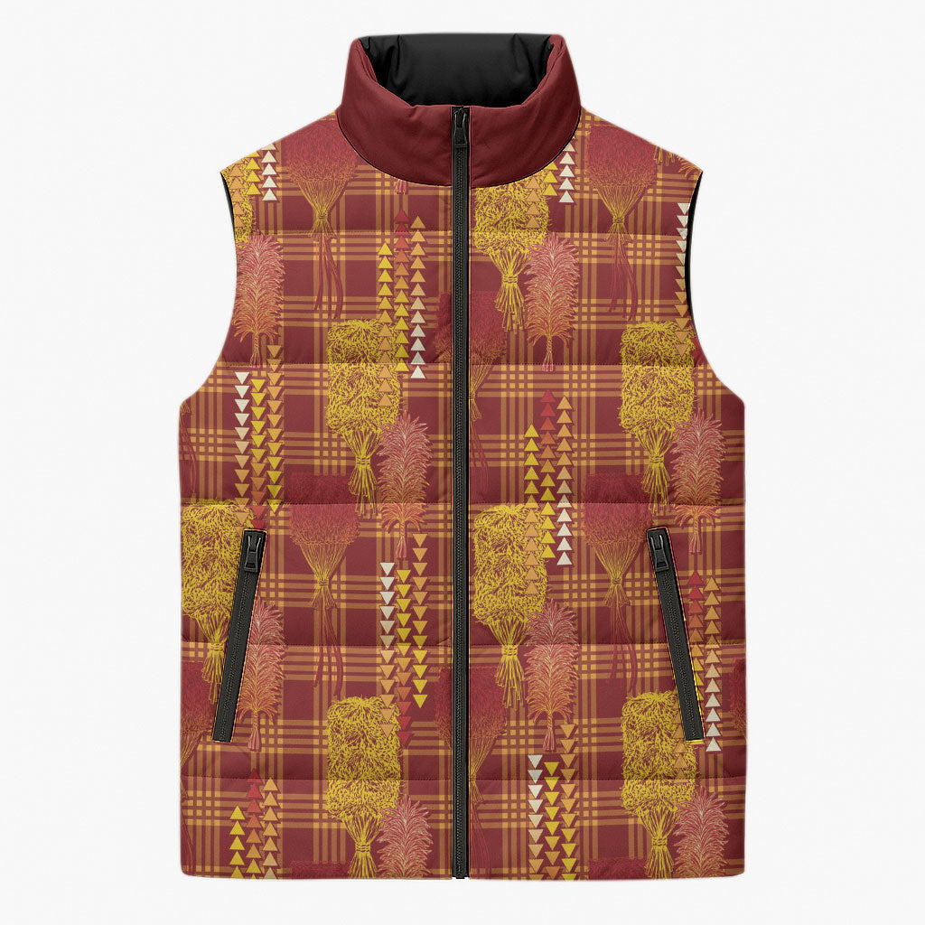 Aloha Hawaii Vintage Kahili Pa'a Lima Sleeveless Puffer Jacket Palaka Print Hilo Royal Red-Yellow