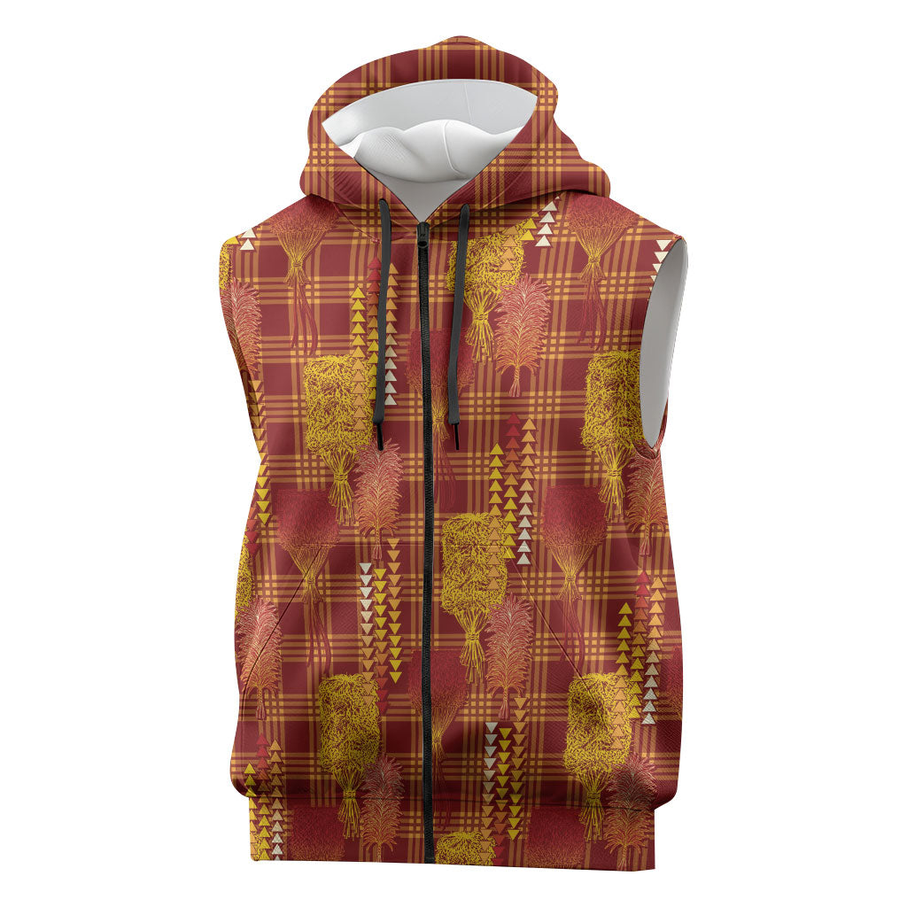 Aloha Hawaii Vintage Kahili Pa'a Lima Sleeveless Zip Hoodie Palaka Print Hilo Royal Red-Yellow LT7 Red - Polynesian Pride
