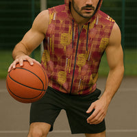 Aloha Hawaii Vintage Kahili Pa'a Lima Sleeveless Zip Hoodie Palaka Print Hilo Royal Red-Yellow