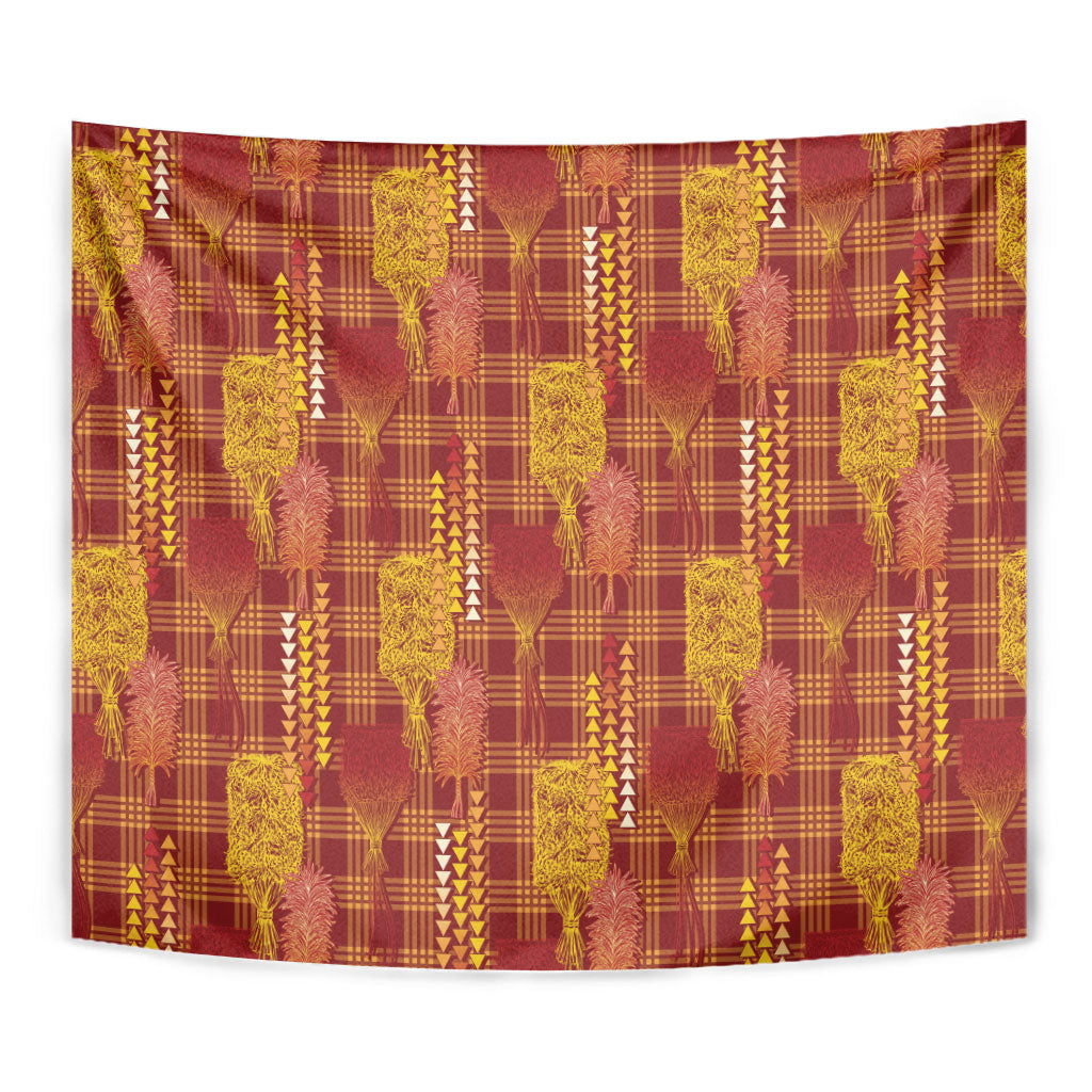 Aloha Hawaii Vintage Kahili Pa'a Lima Tapestry Palaka Print Hilo Royal Red-Yellow